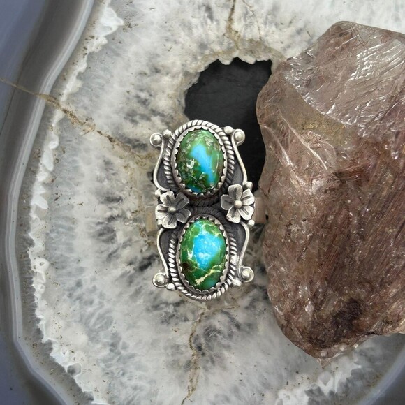Sterling Southwestern Style 2 Sonora Gold Turquoise Adjustable Ring For Women #4 - Picture 5 of 10